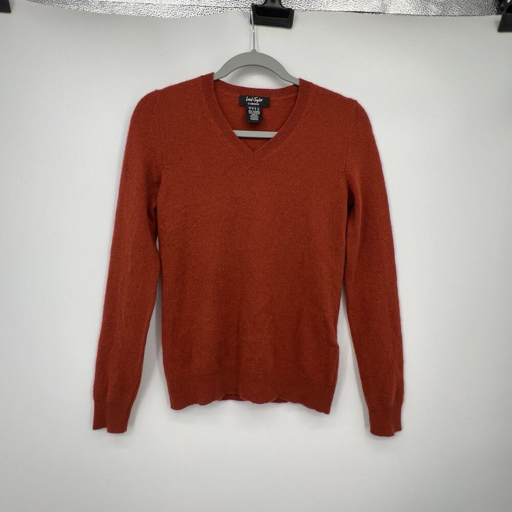 Lord and Taylor 100% Cashmere Knit V-Neck Sweater Size S Long Sleeve Rust Preppy